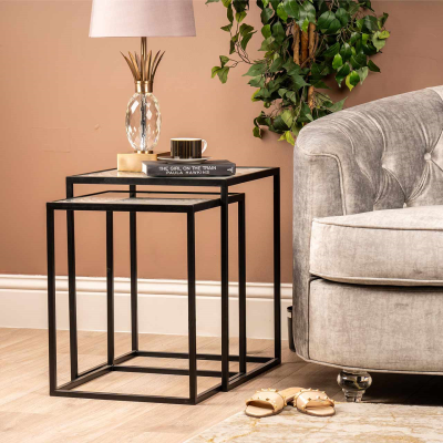 Set of 2 Black Metal with Spiral White Top Nesting Tables