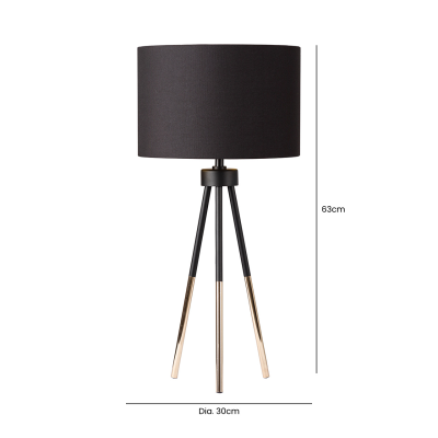 63cm Black and Gold Tripod Table Lamp with Black Linen Shade Gold Inside