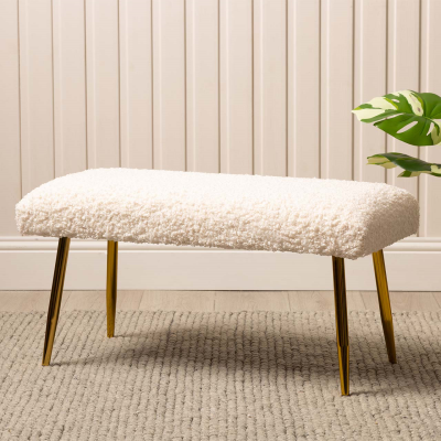 White Boucle Bench with Gold Legs