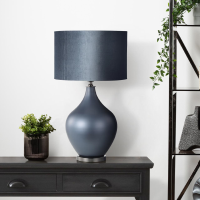 75.5cm Matte Blue Glass Table Lamp with Blue Velvet Shade