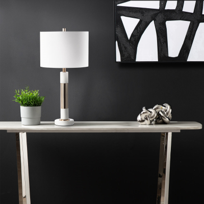 70cm White Marble and Metal Table Lamp with White Linen Shade