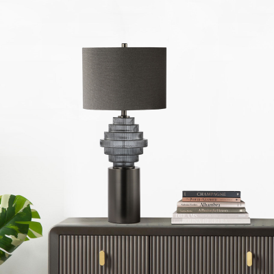 83.5cm Smoke Glass Table Lamp with Grey Linen Shade