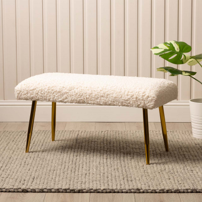 White Boucle Bench with Gold Legs