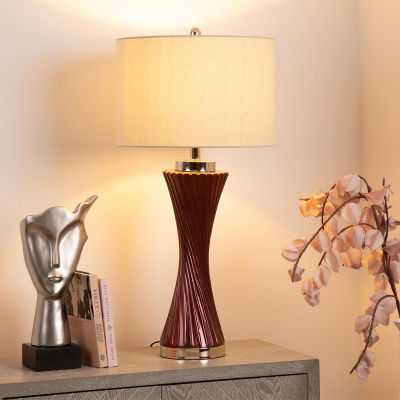 78cm Mulberry Purple Twist Table Lamp with Grey Linen Shade