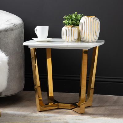 Meghan Gold Metal with White Faux Marble Top End Table